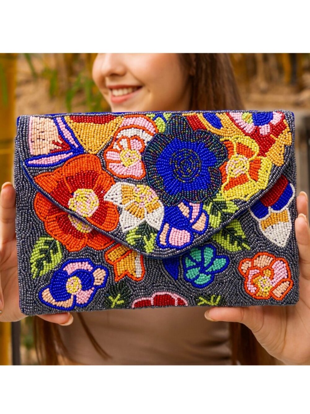 NEW Flower Garden Boho Seed Beaded Crossbody Chain Clutch Bag Handbag